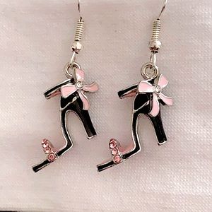 Silver NWT Drop Dangle Black & Pink High Heel Earrings W/ Crystals & Bows